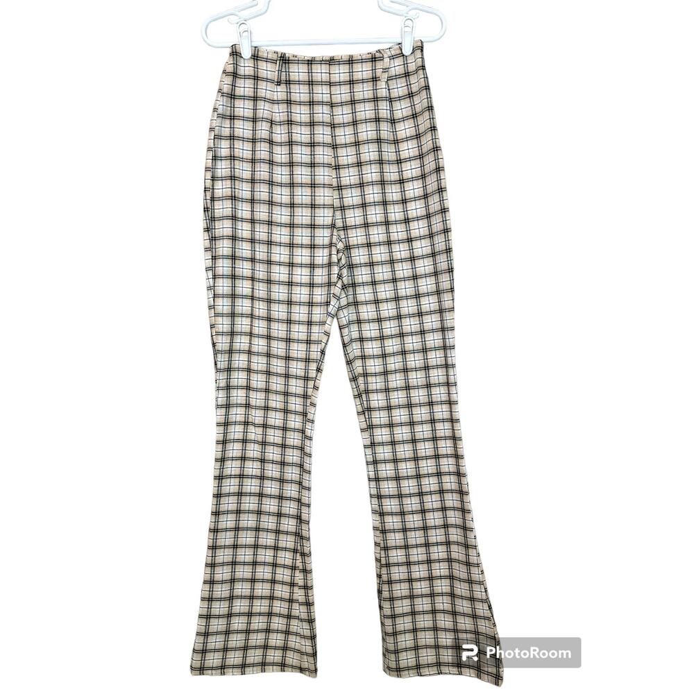 Prettylittlething Beige Plaid Side Zip Up Flare Bootcut Dress Pants Size 8